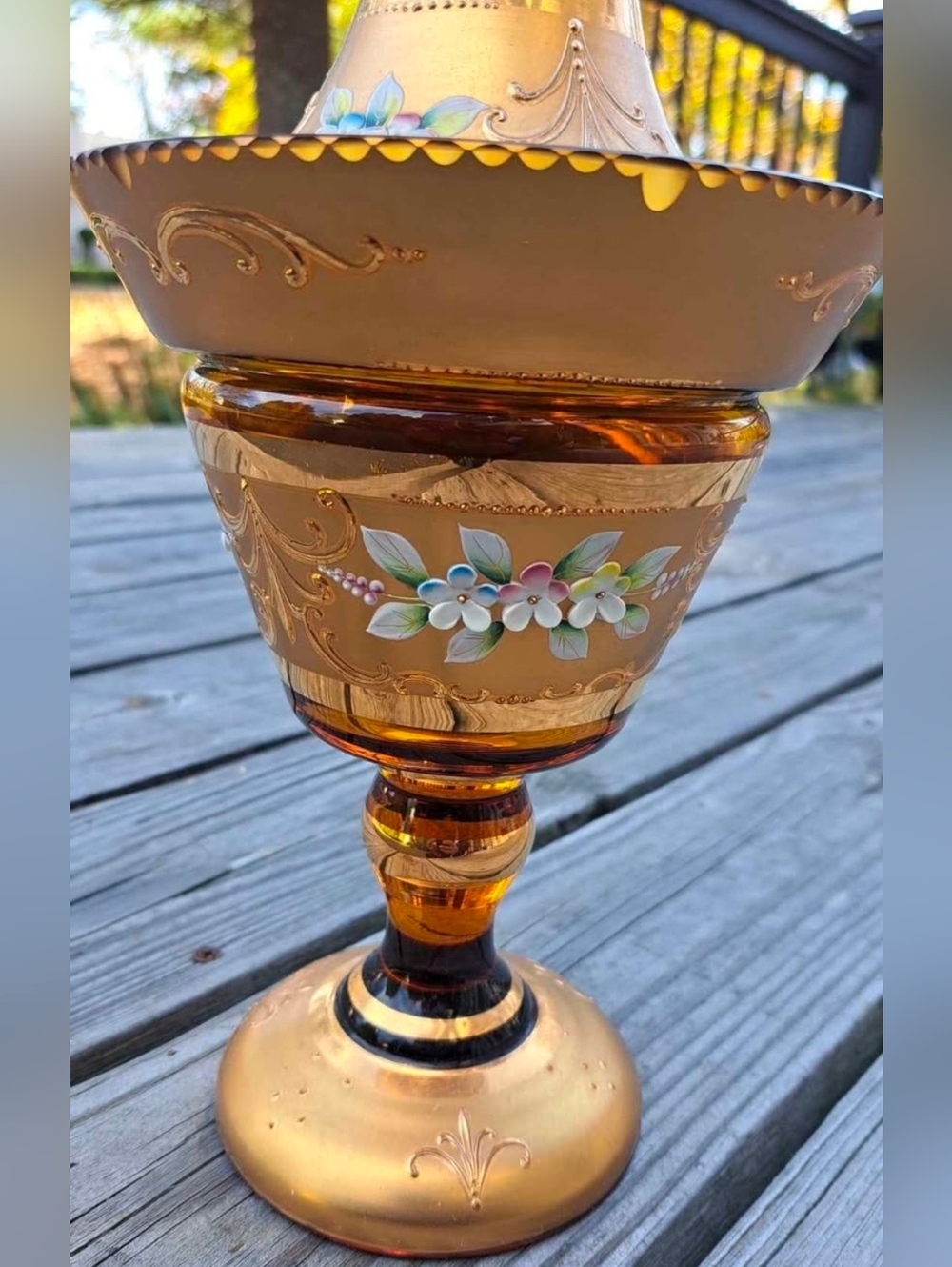 Antique BOHEMIAN Gold Gilt ENAMEL Amber Glass PEDESTAL Candy Jar Dish W/Lid - Picture 9 of 9